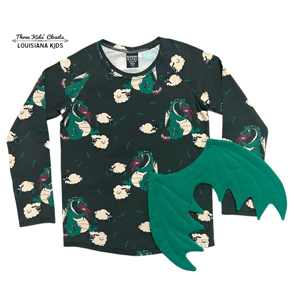 Raspberry Republic 7-9Y Organic Dragons & Sheep Long Sleeve Shirt with Wings